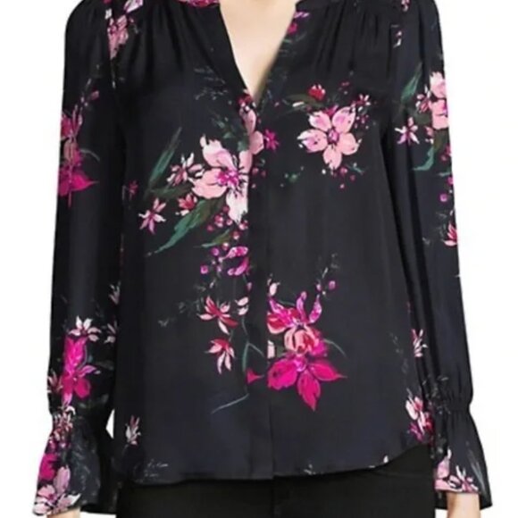 JOIE FLORAL PRINT SILK V-NECK FRENCH CUFFS BLOUSE - Picture 1 of 8
